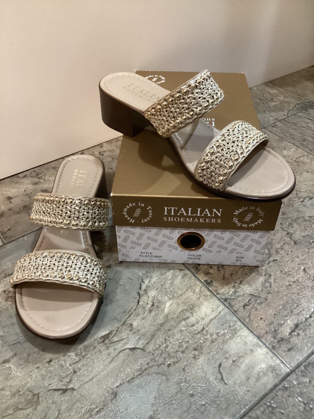 Italian Shoemakers Flatcher Taupe & Gold Beads Woven Slide Sandals Size 9.5